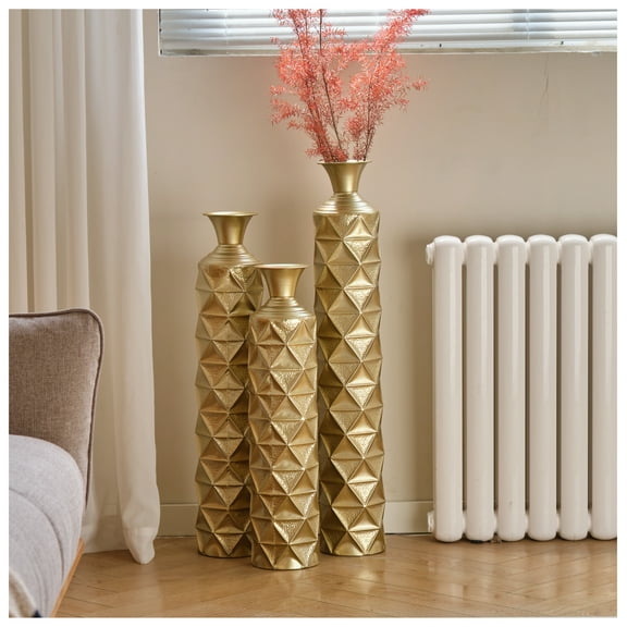 Gold Metal Vases for Home Decor - Set of 3 Tall Geometric Cylinder Vases - 33.5", 29.5", 25.2" - Distressed Finish Centerpieces Antique Gold   American Design,American Traditional,Antique,Art Deco