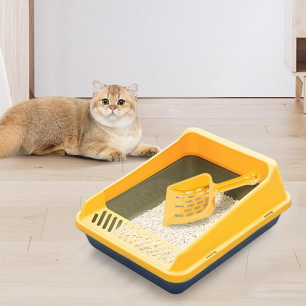 Arenero para gatos abierto por arriba, arenero para gatos con laterales altos y entrada baja, protección contra salpicaduras, arenero para gatos Azul Amarillo