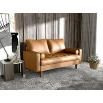 Koby Home's Collection Stanley Modern Button-tufted Loveseat, Upholstered in Faux Leather with Track Arms, Cushion Back, and Wooden Legs, 2-Seater for Small Space, Tan Brown Color