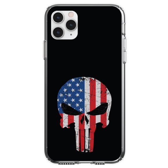 DistinctInk Clear Shockproof Hybrid Case for iPhone 12 MINI (5.4" Screen) - TPU Bumper, Acrylic Back, Tempered Glass Screen Protector - US Flag Skull Red White & Blue