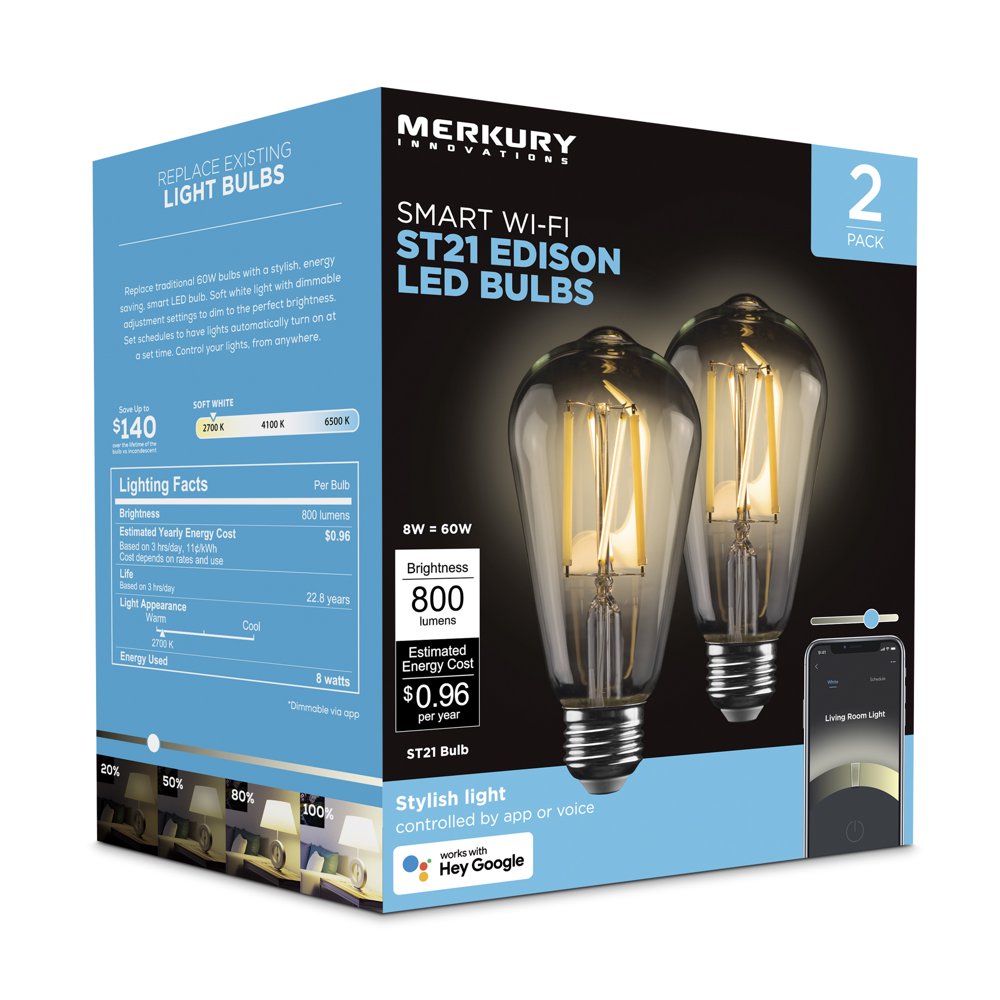 Merkury Innovations ST21 Smart Edison Bulb with Voice control (2 Pack)