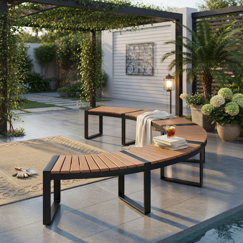 Hommoo 2-Piece Curved Patio Bench Set, Acacia Wood Slatted Seat with Powder-Coated Metal Legs, Outdoor Seating for Backyard, Poolside & Balcony, Yellow