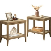SICOTAS Rattan Nightstands Set of 2 Bedside Table - Boho Narrow End Table Living Room Set of 2 Side Table with Rattan Storage Shelves for Small Space