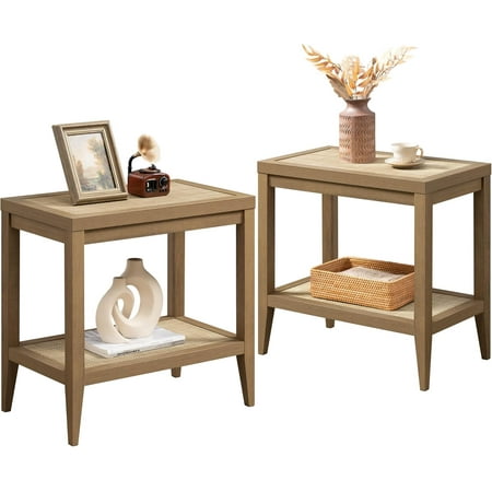 SICOTAS Rattan Nightstands Set of 2 Bedside Table - Boho Narrow End Table Living Room Set of 2 Side Table with Rattan Storage Shelves for Small Space