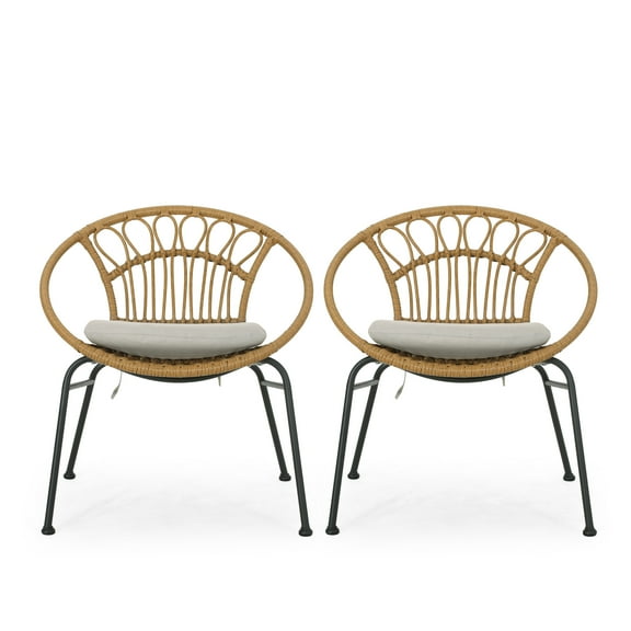 Beulah Outdoor Wicker Chair with Cushion, Set of 2, Light Brown, Beige, and Black
