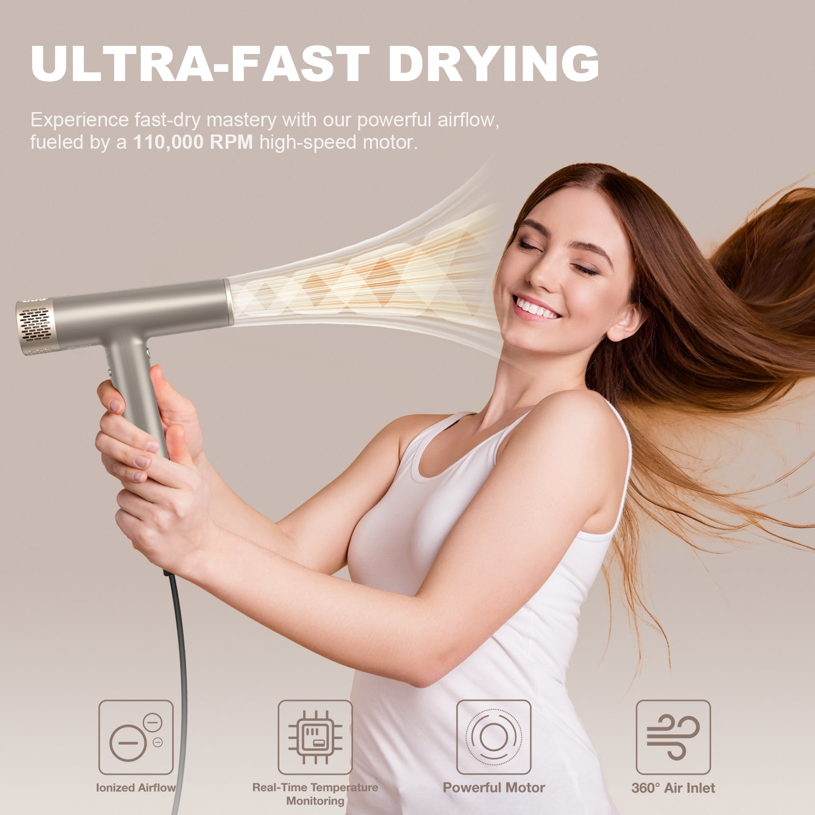 Yapoy Professional Hair Dryer with Diffuser 110, 000 RPM High-Speed 200 Million Ionic, Silver
