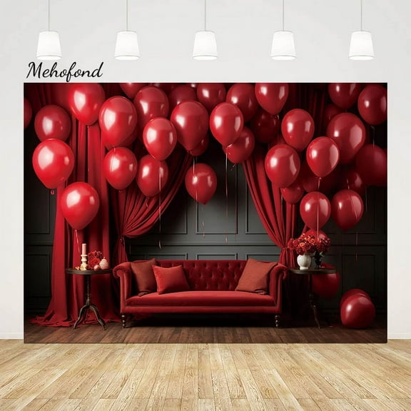 Mehofond Photo Background Interior Red Balloon Curtain for Valentine's Day Portrait Sofa Rose Flower r Photography Backdrops