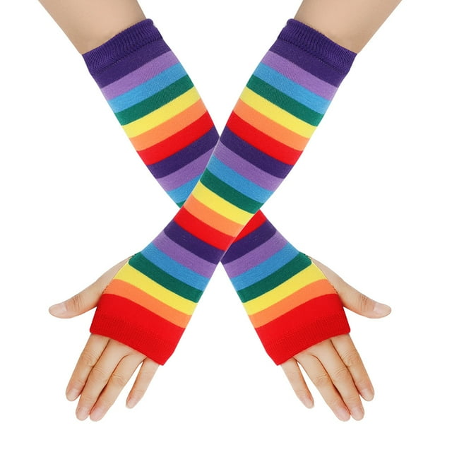 Guantes de punto de arcoíris con mangas a rayas de colores, guantes de fiesta de colores europeos y americanos para fiestas