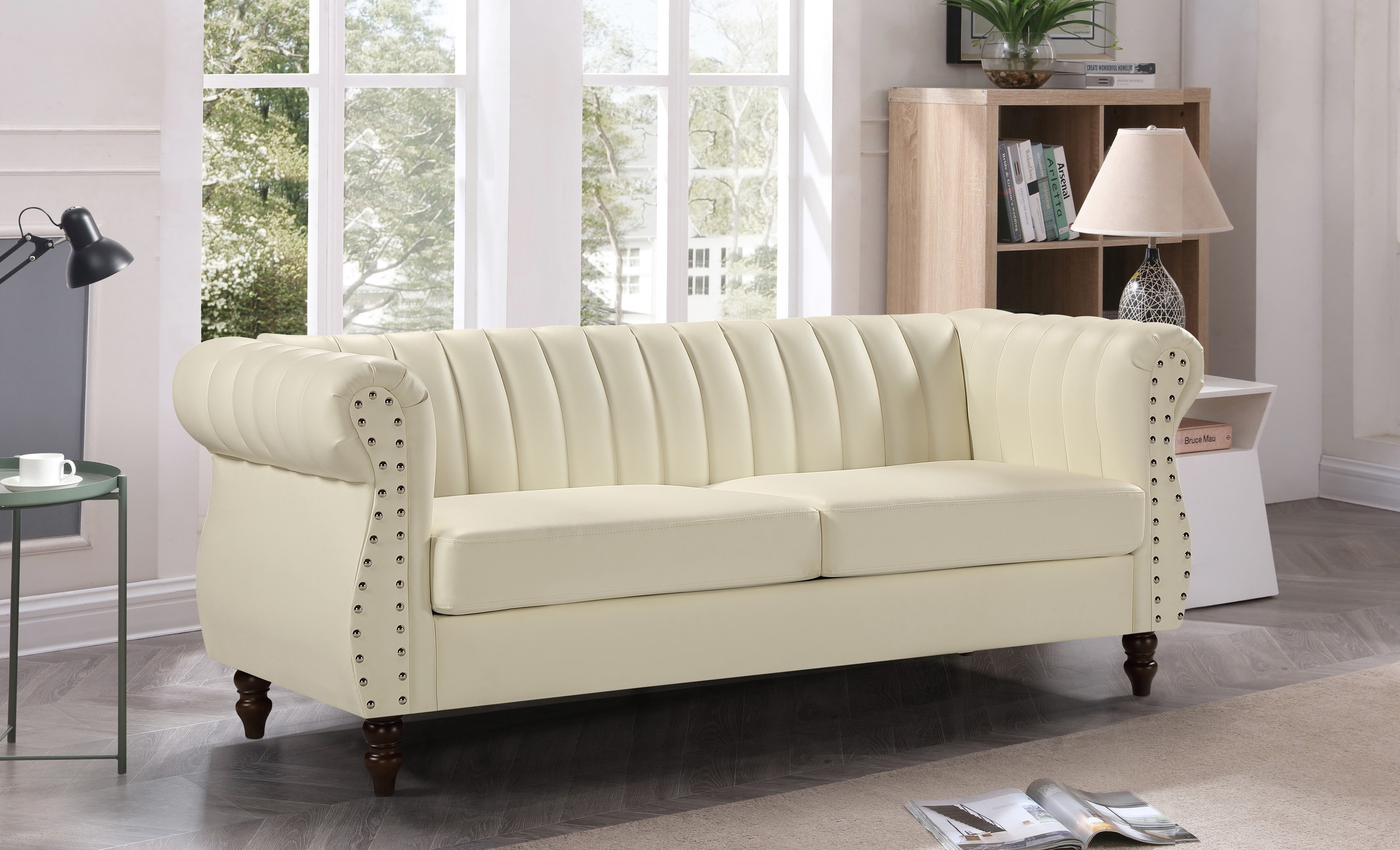 Uspridefurniture Charlot Faux Leather Rolled Arm 2Pcs Living Room Set, Cream White