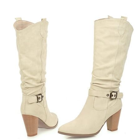 

Womens Leather Cross Strap Knee-High Buckle Shoe Cowboy Low-heeled Slip-On Boots