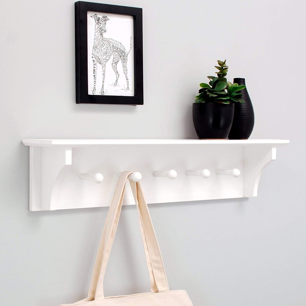Private Jungle Floating Coat and Hat Wall Shelf Rack, 5 Pegs Hook, 24", White Private Jungle Floating Coat and Hat Wall Shelf Rack, 5 Pegs Hook, 24", White