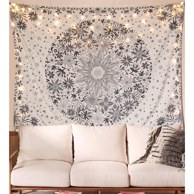 Tapiz Neasow, poliéster, bohemio, beige, blanco, floral, 150 x 200 cm