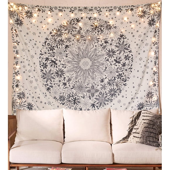 Tapiz Neasow, poliéster, bohemio, beige, blanco, floral, 150 x 200 cm