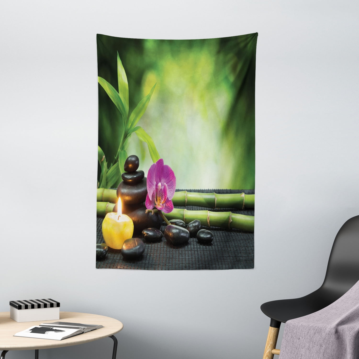 Spa Decor Wall Hanging Tapestry, Orchid Bamboo Stems Chakra Stones ...