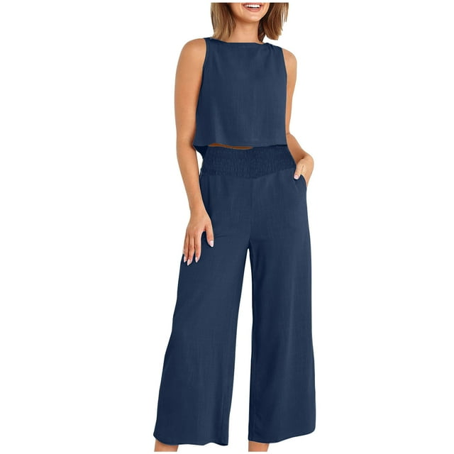 Mikilon Ensemble Élégant pour Femmes 2 Pcs Débardeur Sans Manches en Coton Lin Mode et Confortable Col Rond Blouse/chemise Marine TP