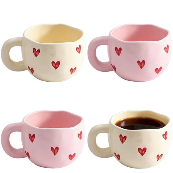 4 Pcs Ceramic Heart Mugs, 9.4 oz Cute Heart Pattern Coffee Mugs, Unique Porcelain Coffee Cups with Wavy Rim, Safe for Microwave & Dishwasher, Thanksgiving Housewarming Present
