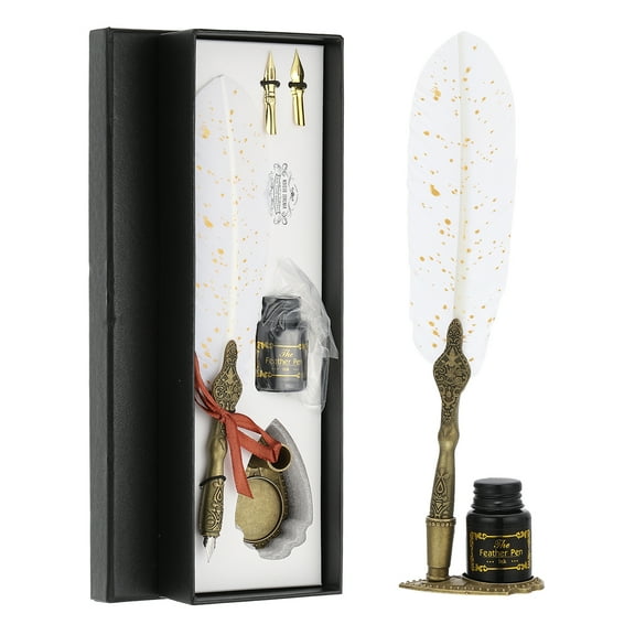Uxcell 25cm/10" Feather Pen Set with Ink Set 2 Replacement Nibs Stand Base, White