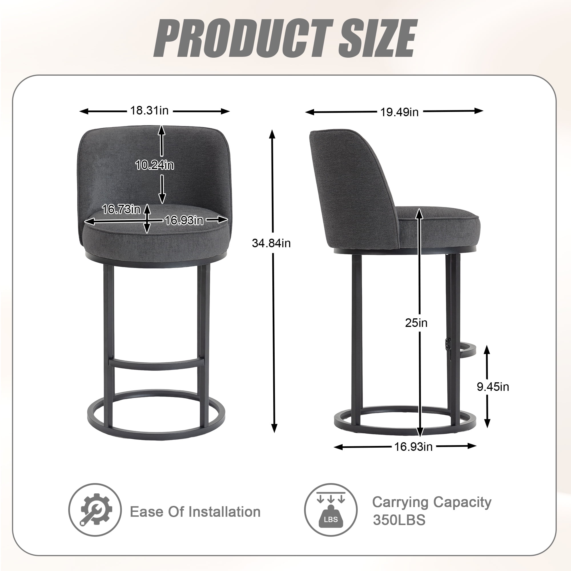 Peispie Counter Height Bar Stools Set of 2, 25 Inch Linen Upholstered Bar Chairs with Back, Modern Kitchen Island Stools with Footrest, Metal Frame, 350 lbs, Grey
