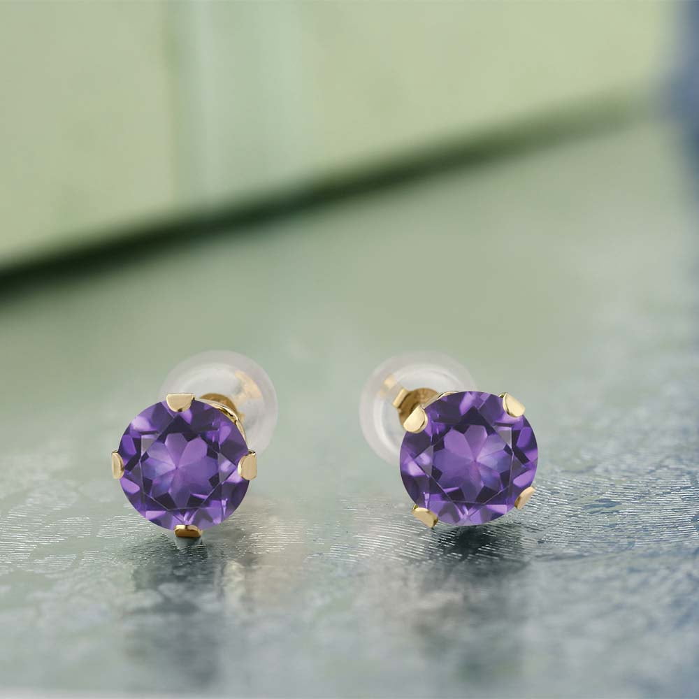 Gem Stone King 14K Yellow Gold Purple Amethyst 4-Prong Stud Earrings for Women Men (1.50 Cttw, Gemstone Birthstone, Round 6MM)
