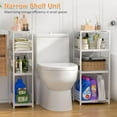 thumbnail image 3 of 4 Tier Expandable Slim Storage Shelf, Metal Shelving Unit for Bathroom Storage Organizer, Freestanding Narrow Shelf for Small Spaces, Open Floor Shelves for Bathroom, Laundry Room, Kitchen,White, 3 of 12