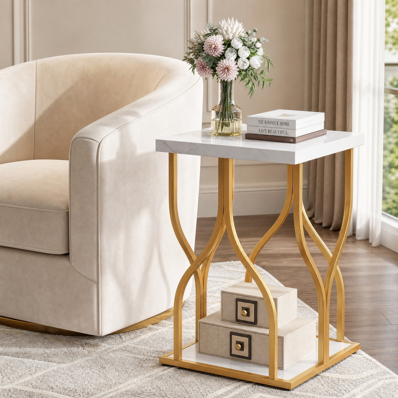 Furnibear Faux Marble Bedside Night Stand with Petal-Inspired Metal Frame for Bedroom Living Room Bedside Sofa Side Small Space, White