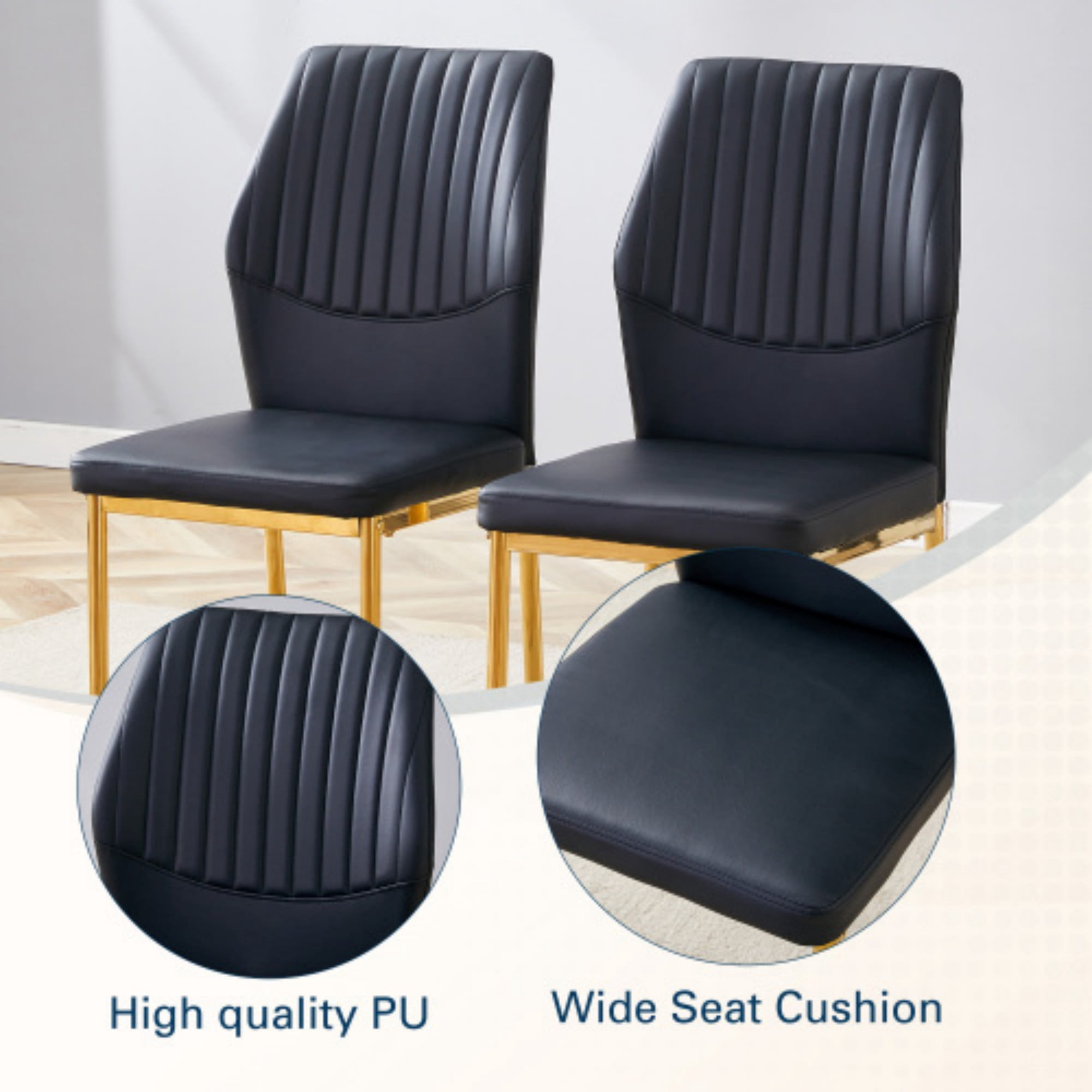 SUDICA Black Dining Chairs Set of 6， Modern Dining Room Chairs Set of 6, Kitchen Faux Leather Upholstered Chairs with Gold Mental Legs