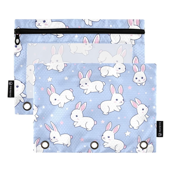 Rabbit with Heart and Star 2 Pack Pencil Pouch for 3 Ring Binder Smooth Zipper Folders with Pockets Clear Window Pencil Case