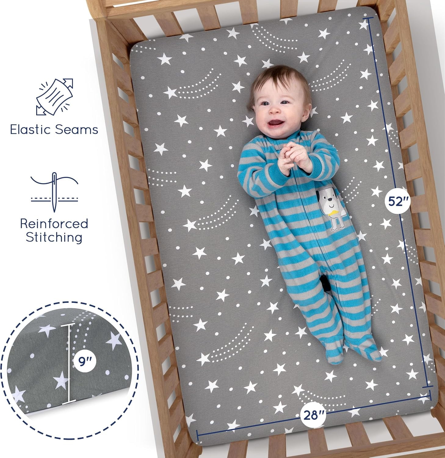 GROW WILD Crib Sheets For Boys or Girls | 3 Pack Soft Stretchy Jersey Cotton Fitted Crib Sheet Neutral | Grey White Navy Blue Baby Crib Sheets For Girl, Crib Mattress Sheet or Toddler Bed Sheets