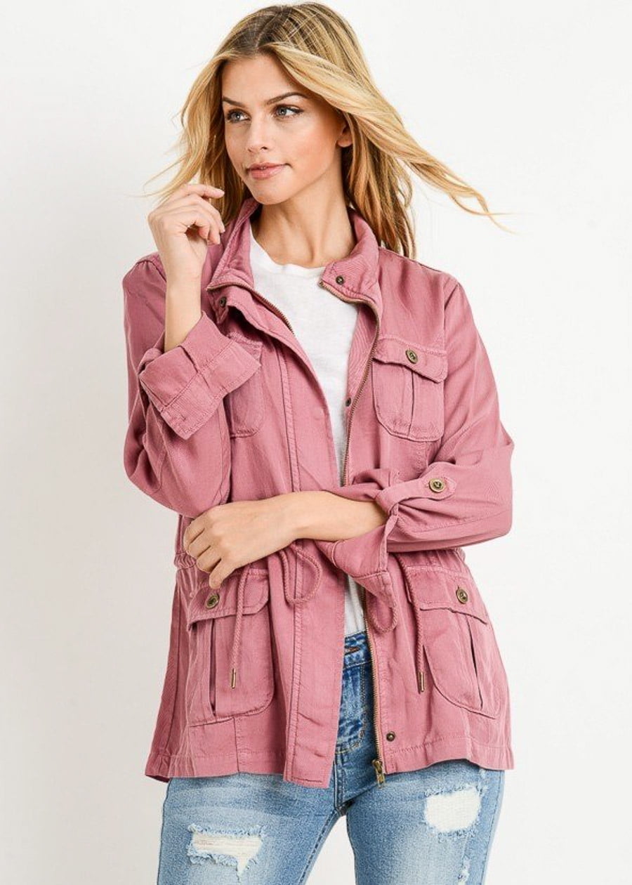 Womens Long Sleeve Jacket Snap Closure Cargo Style