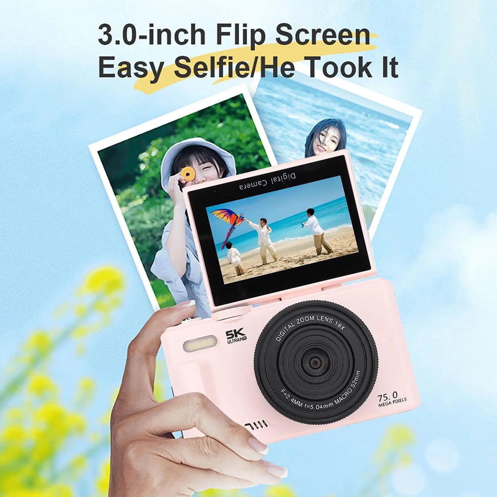 75MP 5K Vintage Digital Camera for Photography & YouTube Vlogging, 18X Digital Zoom, 180° Flip Selfie Screen, WiFi