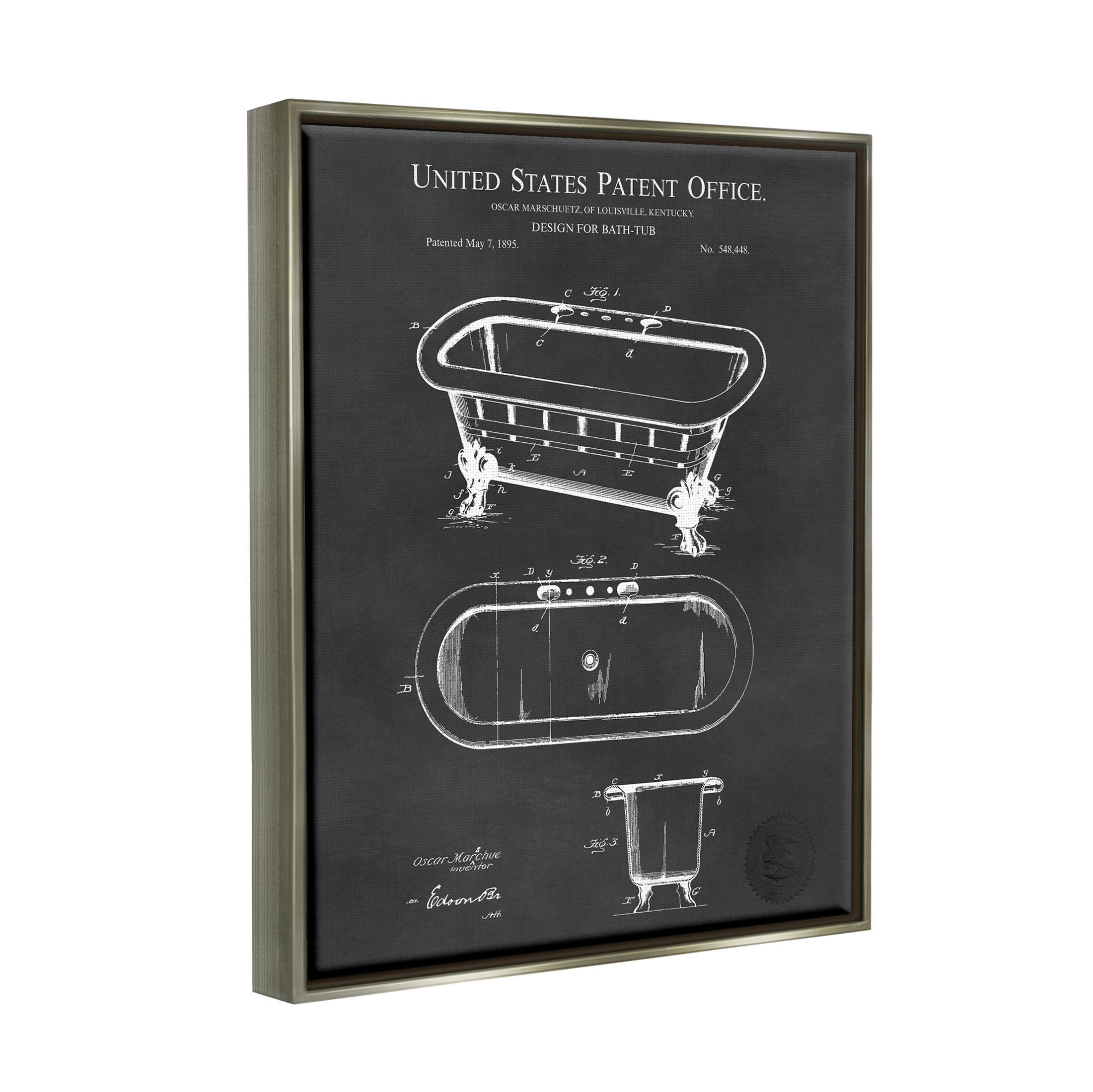 Stupell Industries Bathroom Tub Patent Diagram Graphic Art Luster Gray Floating Framed Canvas Print Wall Art, Design by Karl Hronek
