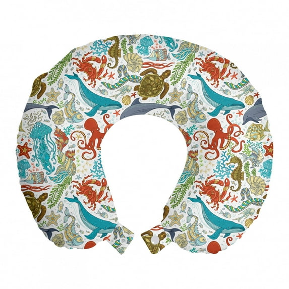 Underwater Travel Pillow Neck Rest, Repetitive Jumble Colorful Seaweeds and Underwater Creatures Fish Turtle Crab, Memory Foam Traveling Accessory Airplane and Car, 12", Multicolor, by Ambesonne
