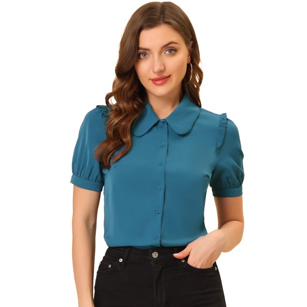 Top Allegra K con Cuello Peter Pan de Manga Corta con Botones En La Parte Delantera para Mujer Lago azul M