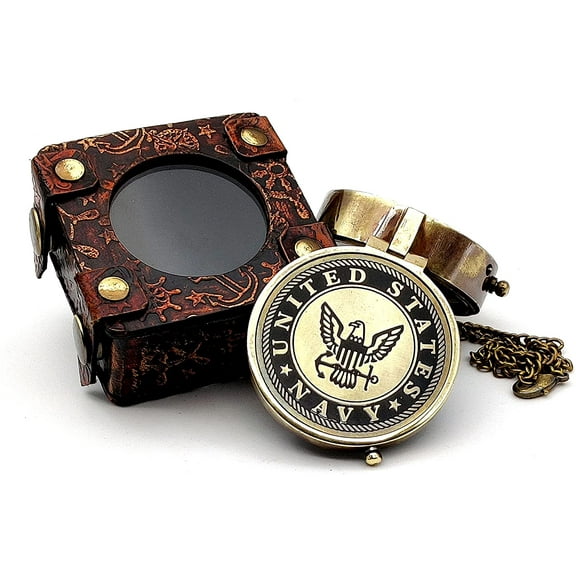 5MOONSUN5's US Navy Engraved Brass Military Compass Nautical Marine Gift A Perfect and Unique Gift for Army Person Survival Navigation Compass for Hiking Camping Hunting with Leather Display Case