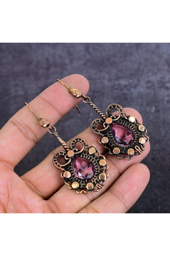 Natural Pink Kunzite Gemstone Copper Wire Wrap Jewelry Earring 2.88"