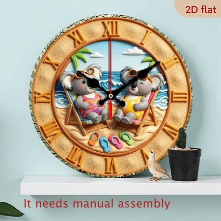 1pc 10Inch Wooden Koala Beach Theme Wall Clock With Roman Numerals And Colorful Flip Flops Design For Home Decor Summer Vacation Gift