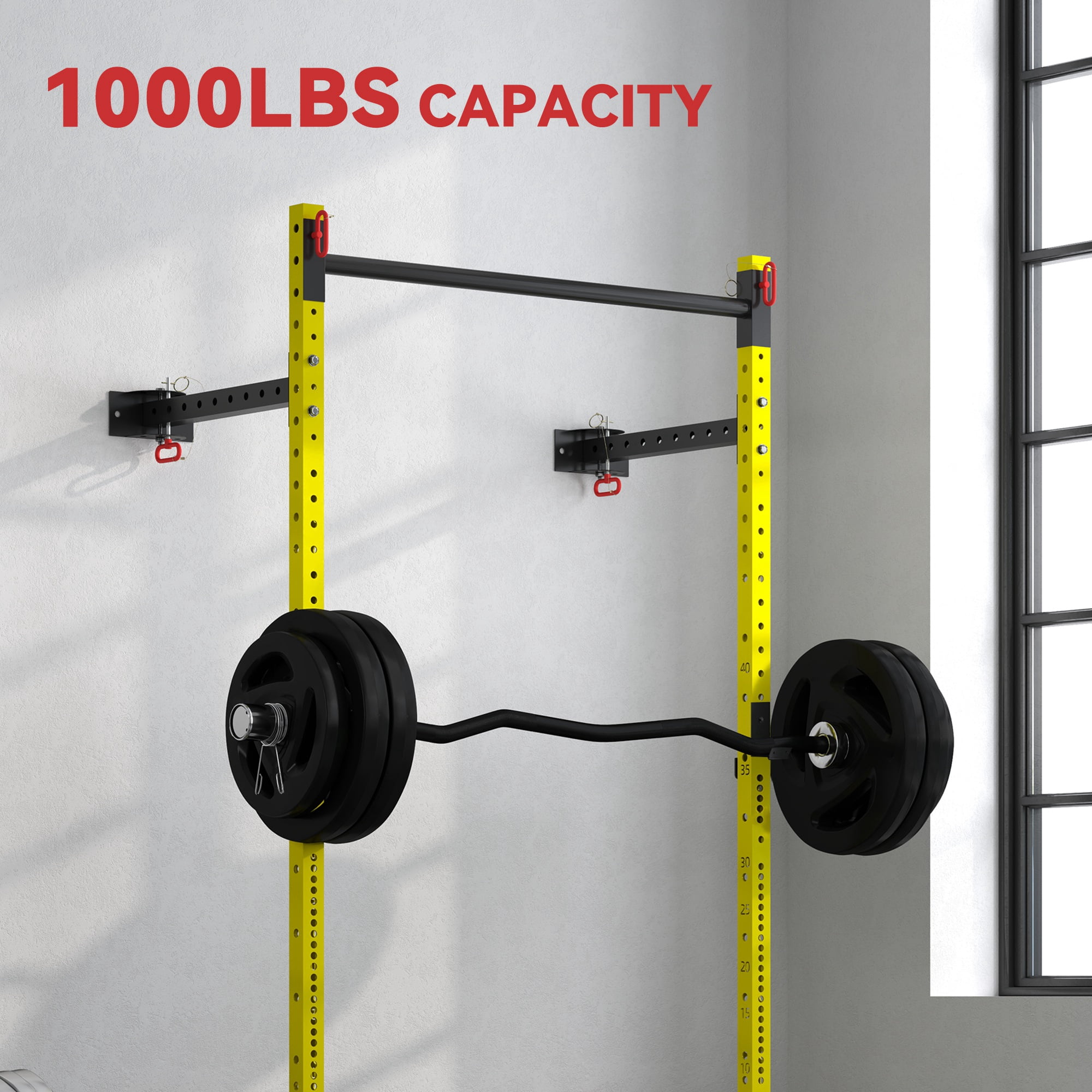 Soozier Folding Squat Rack with Pull Up Bar, Wall Mounted, 1000 Pounds Capacity Power Rack, Yellow