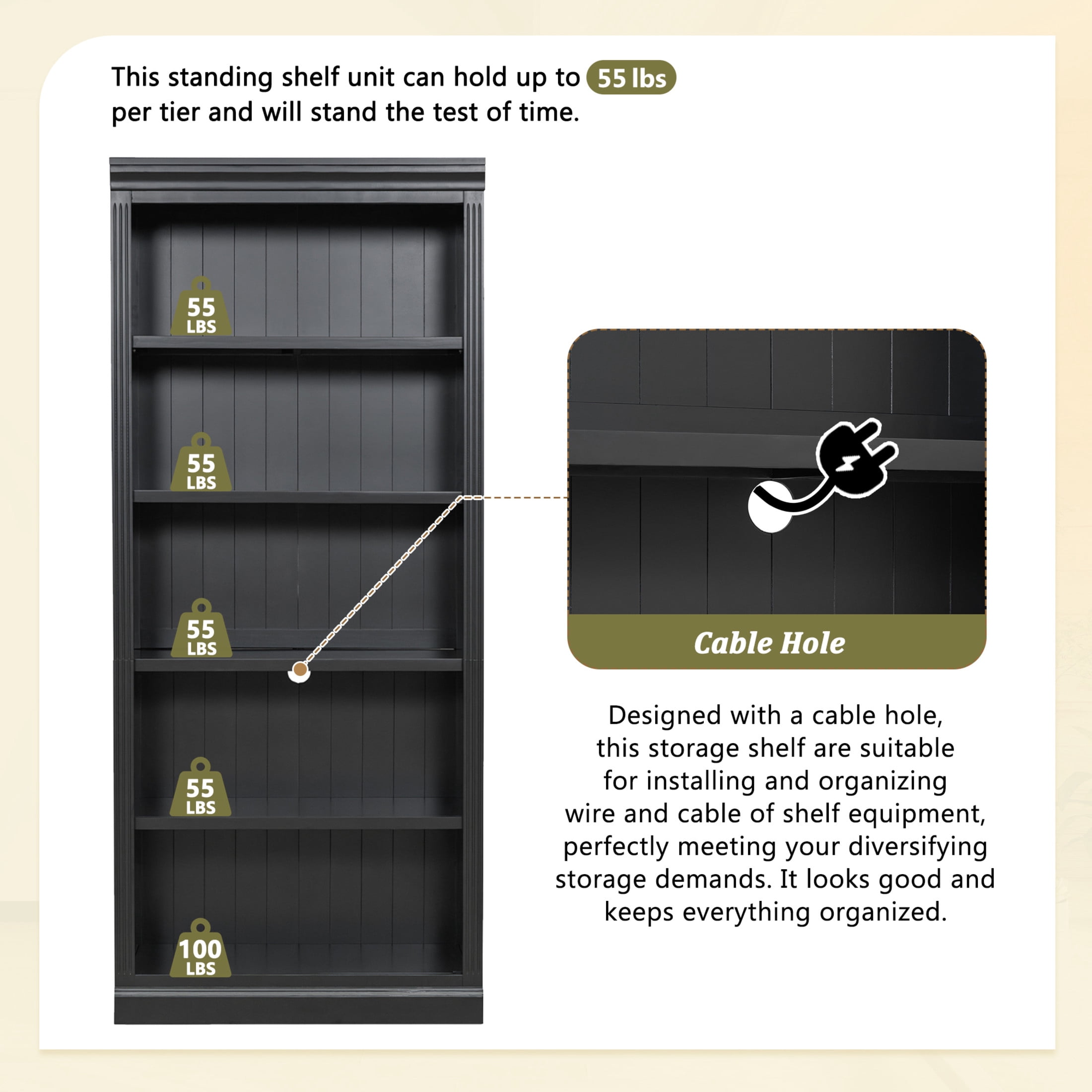 GDF Studio Halden 83.4" 5-Tier Bookcase with LED Light, Adjustable Shelves & Cable Hole, Storage Bookshelf, Black, Set of 2