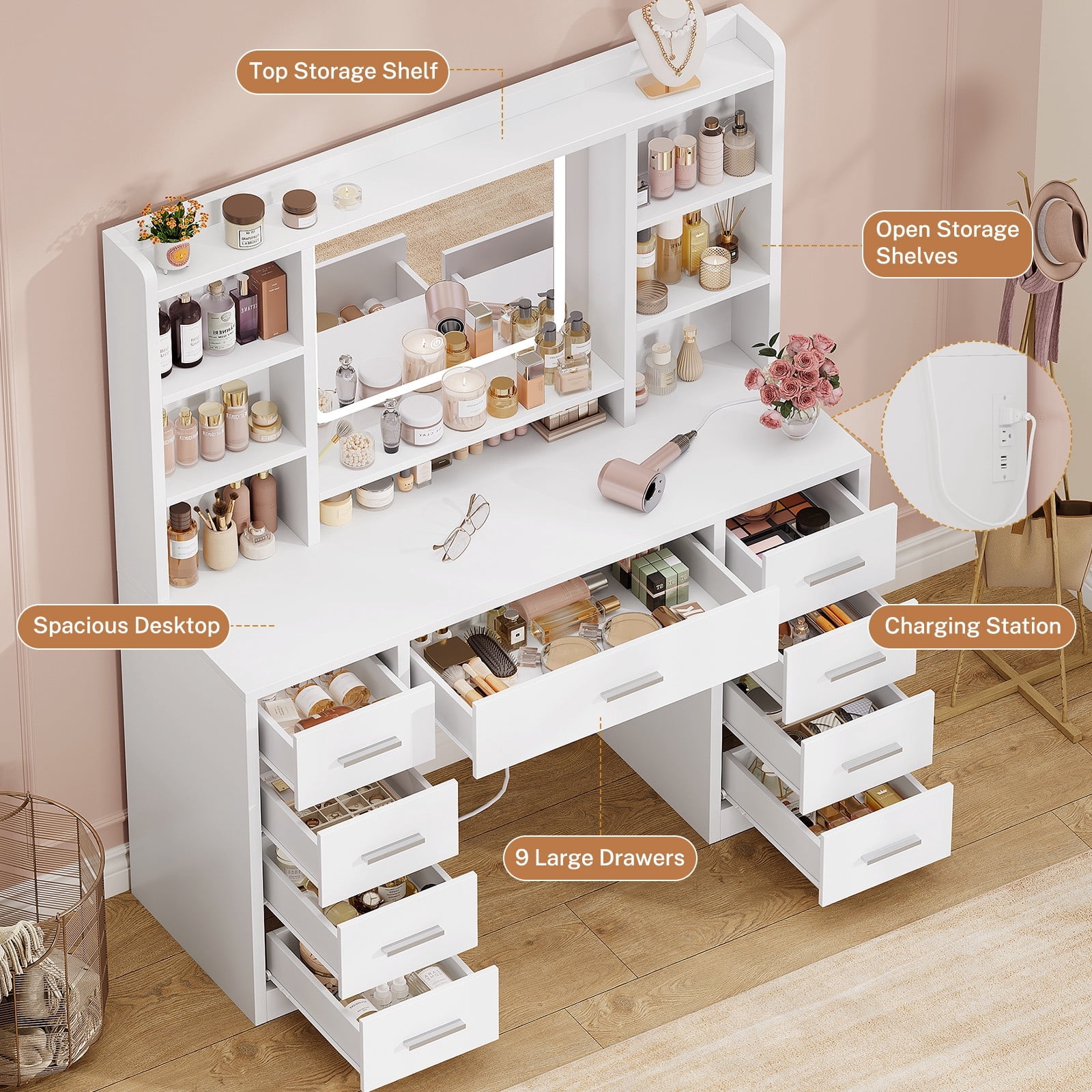 Makeup Vanity Set with Mirror and Lights , Vanity Table with 9 Drawers and 7 Storage Shelves, Vanity Desk for Bedroom, Dressing Room, White