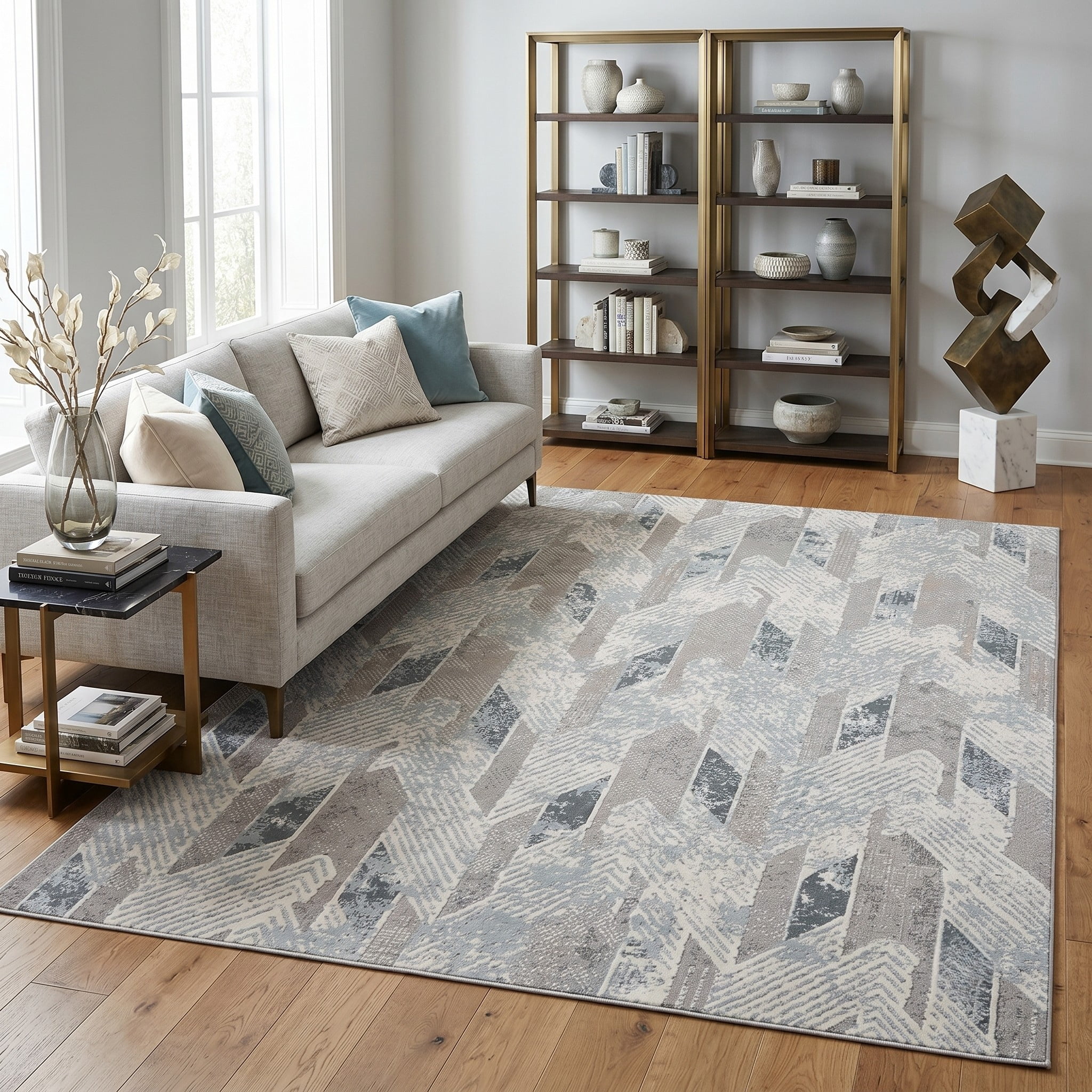 LR Home Martha Annie Gray/Blue Modern Geometric Polyester Area Rug, 9' x 12'