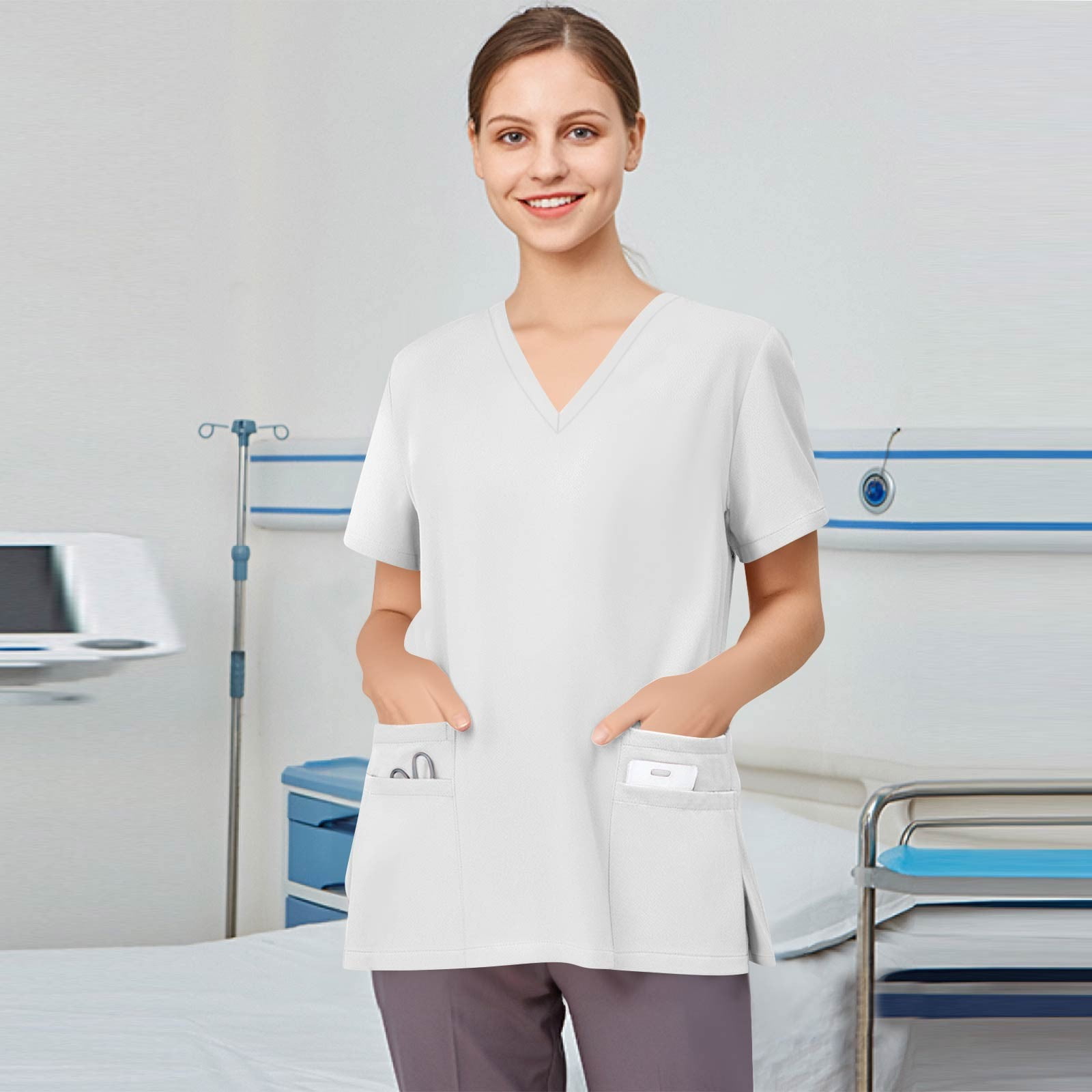 Domuza Scrub Tops for Women Casual Soft Stretchy Short Sleeve V-Neck Tee Shirts Breathable Comfy Nurse Uniforms Top with Multiple Pocket White M