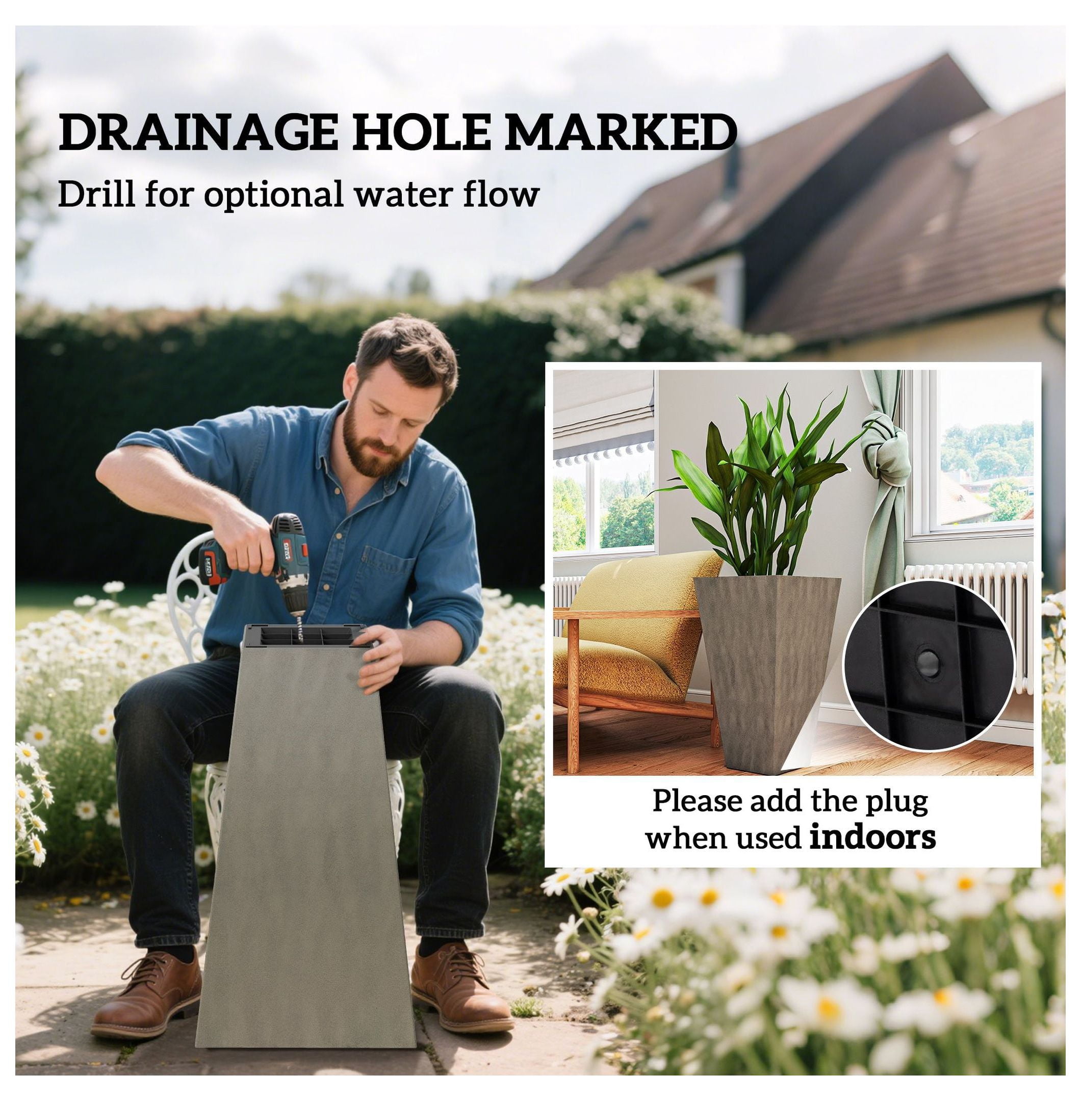 3 x 28" Tall Plastic Planters with Drainage, Outdoor Flower Pots, Indoor Plant Containers for Patio, Deck, Gray