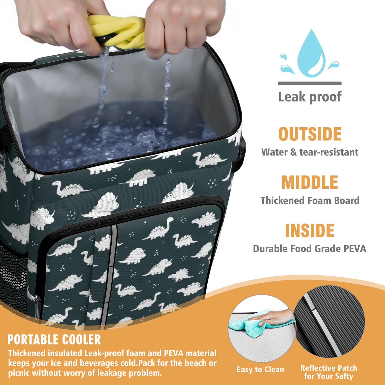 Travel Cooler Bag - Black Dinosaurs Silhouette Pattern Camping Beer Cooler Backpack with Bottle Opener- Waterproof Insulated Picnic Backpacks - Cooler Bag for Beach