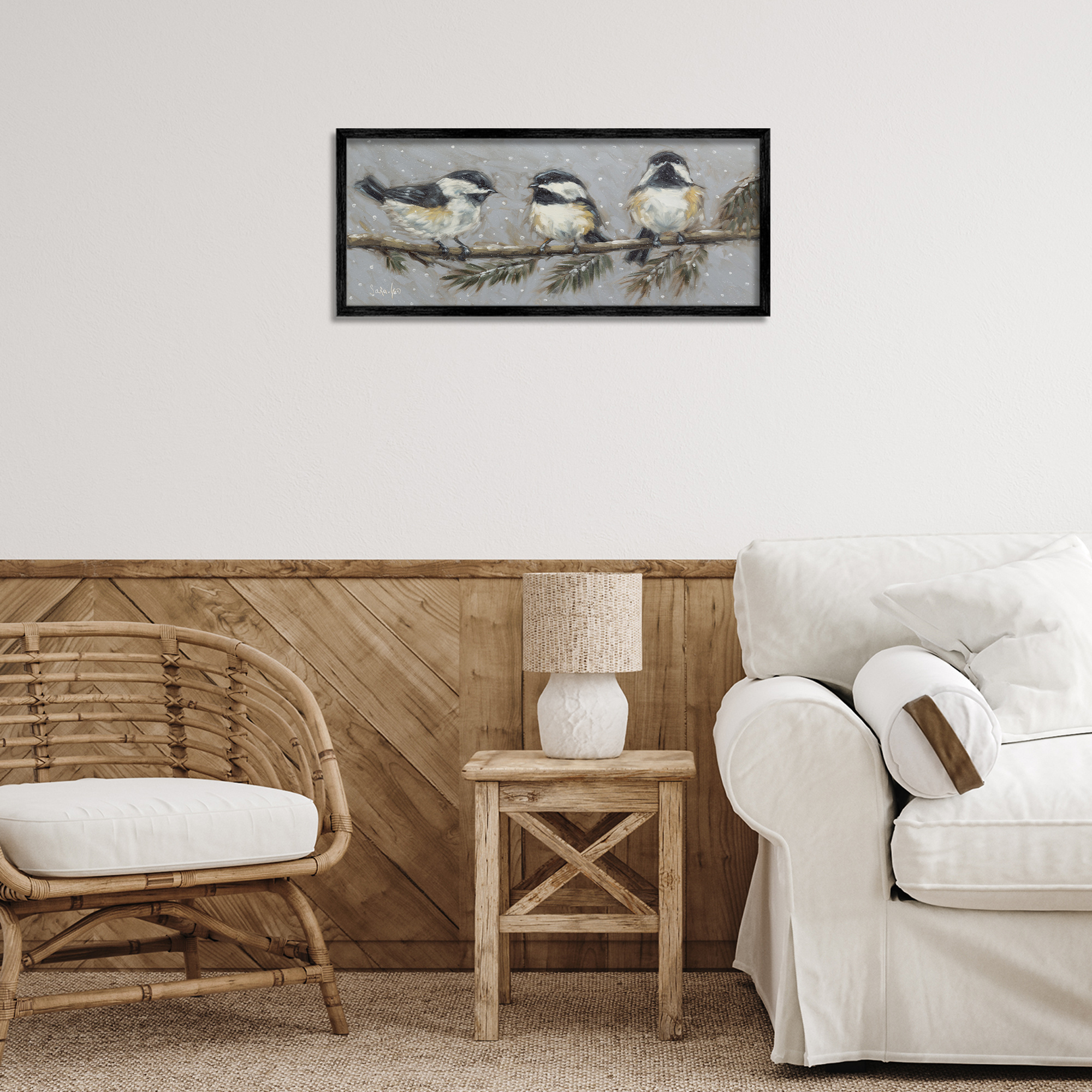 Stupell Industries Winter Bird Trio Animals & Insects Painting Black Framed Art Print Wall Art, 24 x 10