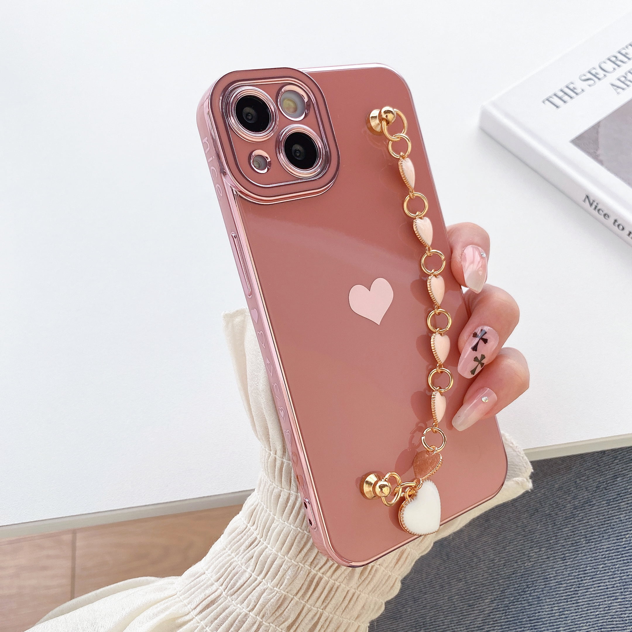 Dteck Luxury iPhone 13 Cute Case for Women,Sparkle Plating Heart Case with  Chain Strap Camera Lens Protective Girly Case For iPhone 13,Mint