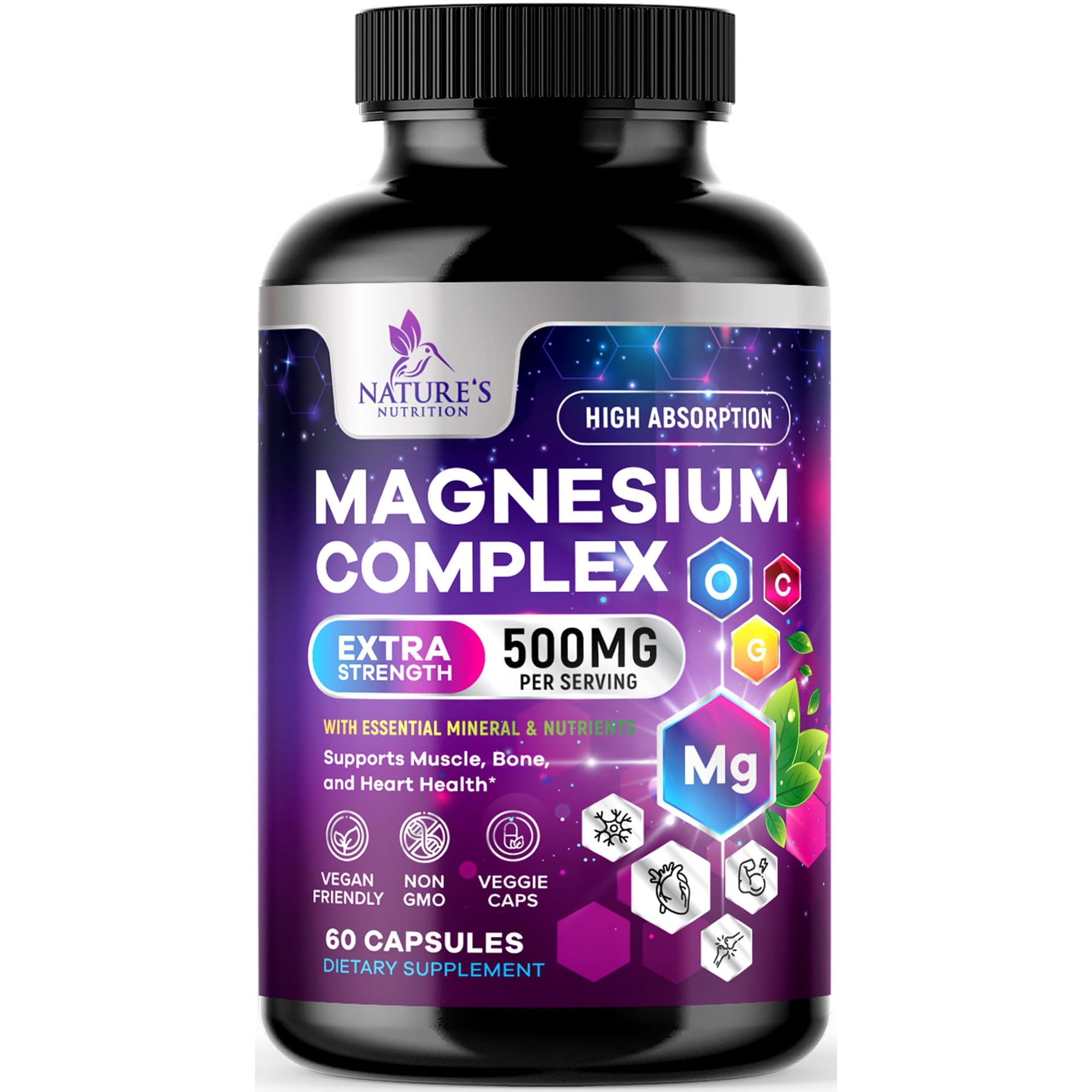 Magnesium Complex Supplement - Magnesium 500 mg Per Serving - 4 in 1 High Absorption Blend - 100% Chelated Magnesium Glycinate with Malate, Citrate & Oxide - Vegan Complex - USA Bottled - 60 Capsules