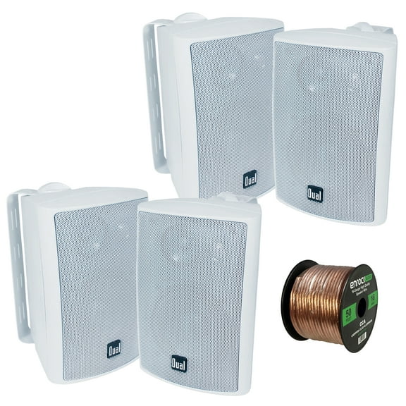 4x Dual Electronics LU47PW 4 Inch 100-Watt 3-Way Indoor / Outdoor High Performance Bookshelf Studio Monitor White Speakers w/ Swivel Brackets, Enrock 16-G 50 Ft Audio Speaker Wire