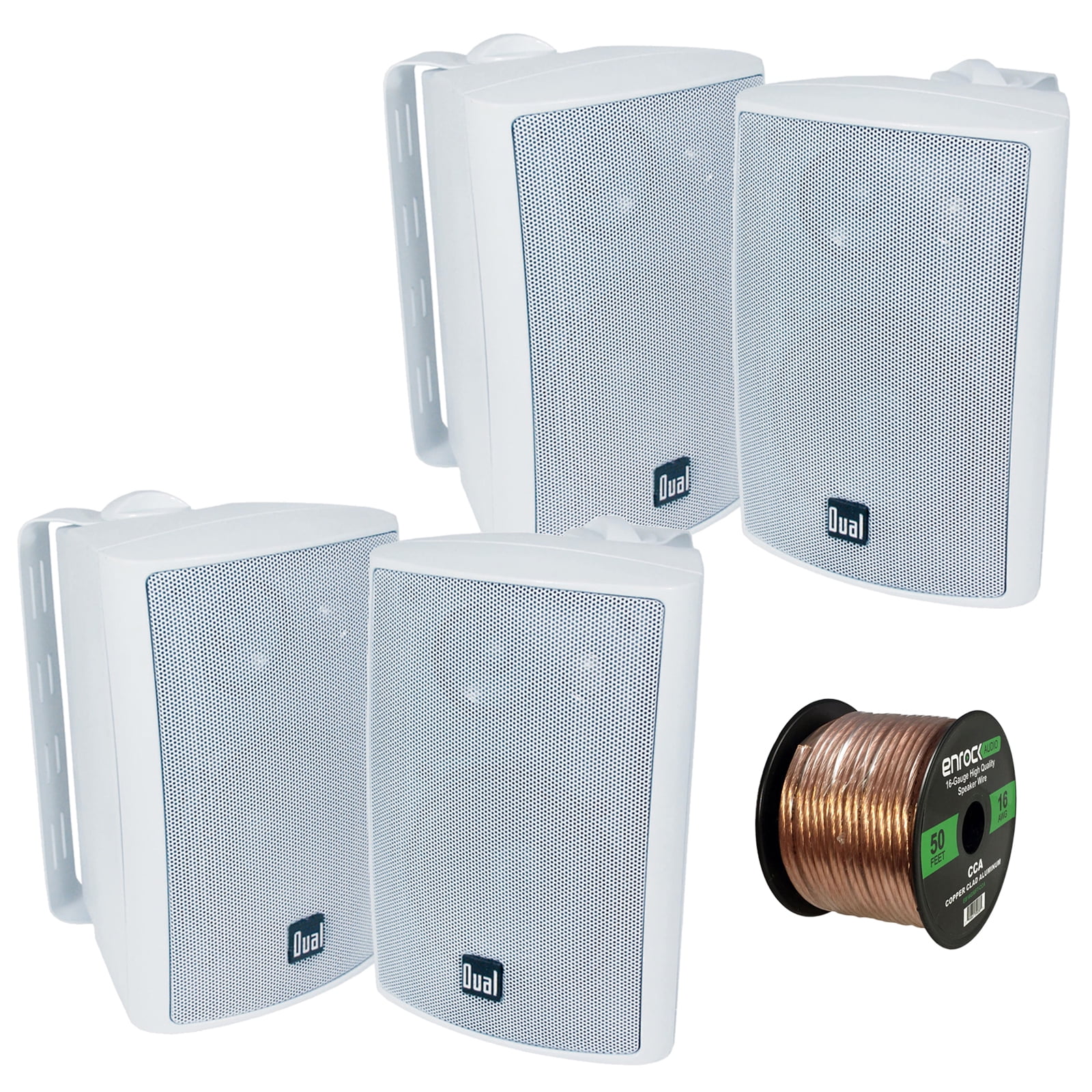 4x Dual Electronics LU47PW 4 Inch 100-Watt 3-Way Indoor / Outdoor High Performance Bookshelf Studio Monitor White Speakers w/ Swivel Brackets, Enrock 16-G 50 Ft Audio Speaker Wire