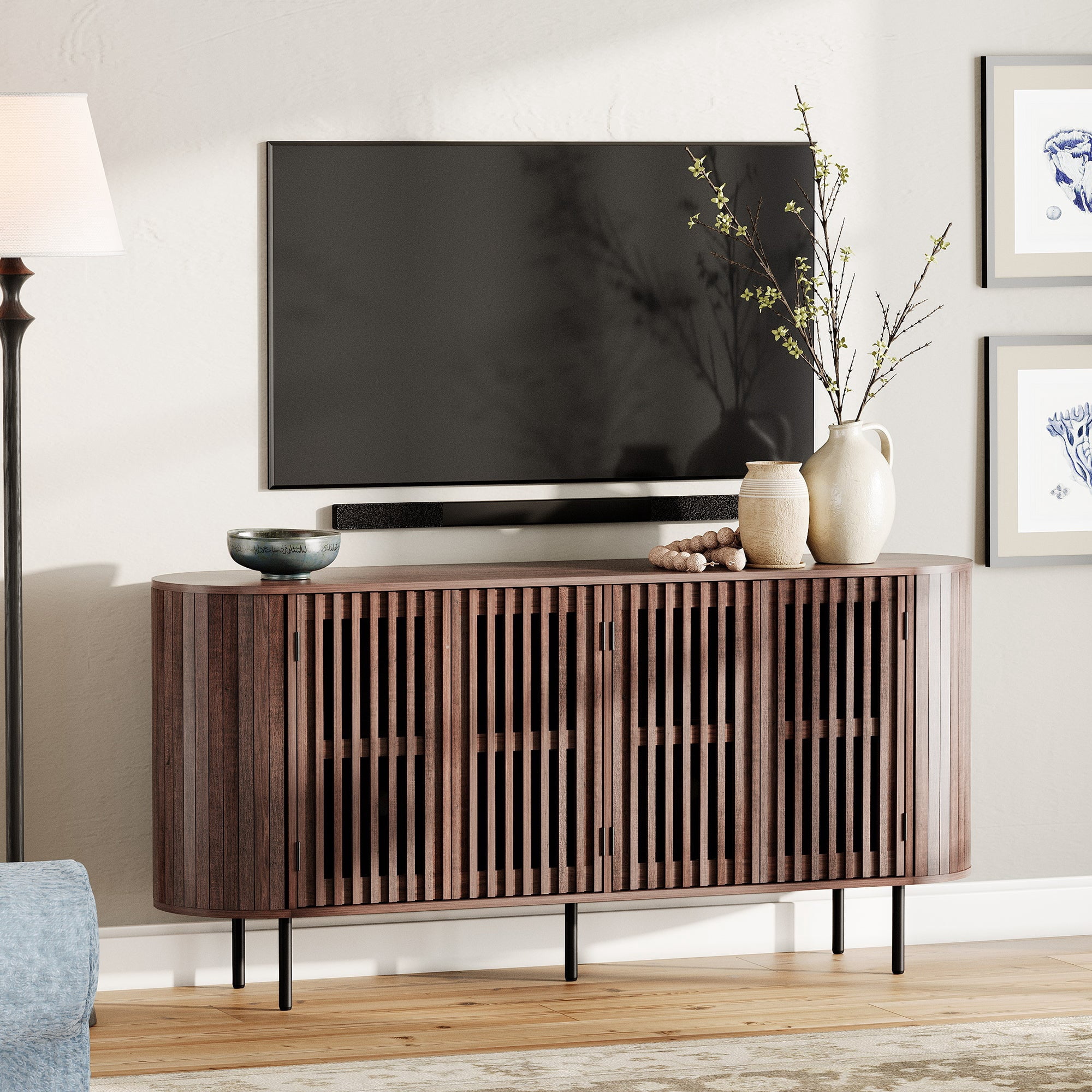 WAMPAT 64" Fluted TV Stand, Mid Century Modern Entertainment Center for 70" TVs, Wood Media Console with Pop-up Doors for Living Room, Bedroom, Walnut