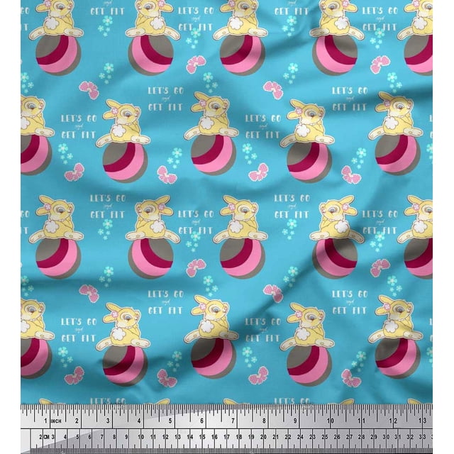 Soimoi Poly Georgette Fabric Text,Ball & Bunny Kids Print Sewing Fabric Yard 52 Inch Wide